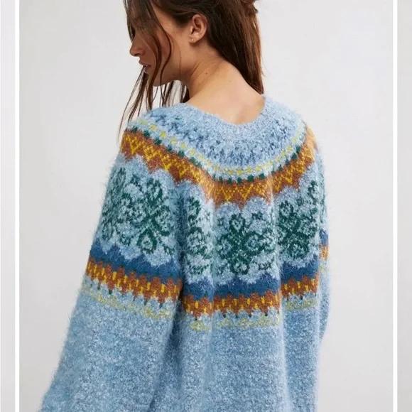 Free People Festive Frost Pullover Sweater - Ice Blue Combo - Sz Medium - Picture 5 of 11